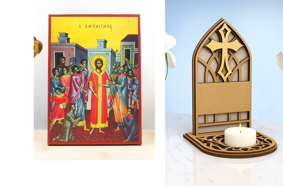 Εικόνα Ορθοδοξίας Καντηλάκι σε  8 χρώματα με περίγραμμα χρυσό σε ξύλο Plywood (Πλακάζ)   με  βάση Η κοροϊδία του Ιησού Χριστού, Ξύλινη Χειροποίητη Εικόνα Ελληνικού Premium Βυζαντινού Στυλ Κρεμασμένο σε ξύλινη πλάκα Ορθόδοξο Θρησκευτικό Θέμα Χειροποίητη Ελ