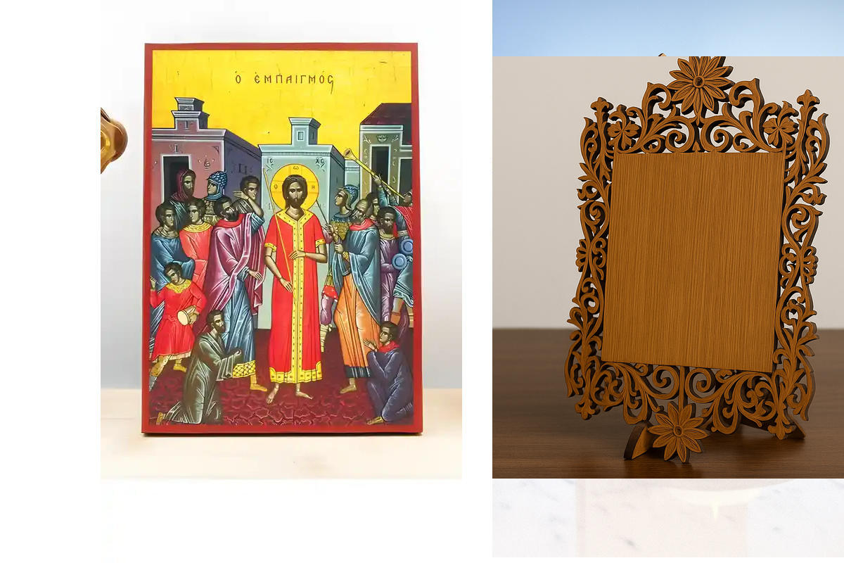 Σετ 2 τεμαχίων – Εικόνα Ορθοδοξίας Δαντέλα μαζι με  Βάση σε  8 χρώματα με περίγραμμα χρυσό σε ξύλο Plywood (Πλακάζ)   με  βάση Η κοροϊδία του Ιησού Χριστού, Ξύλινη Χειροποίητη Εικόνα Ελληνικού Premium Βυζαντινού Στυλ Κρεμασμένο σε ξύλινη πλάκα Ορθόδοξο Θρ