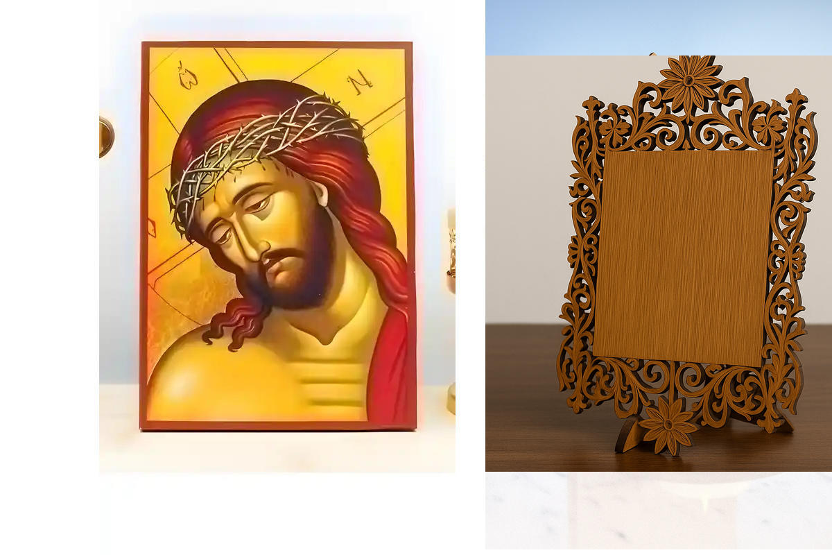 Σετ 2 τεμαχίων – Εικόνα Ορθοδοξίας Δαντέλα μαζι με  Βάση σε  8 χρώματα με περίγραμμα χρυσό σε ξύλο Plywood (Πλακάζ)   με  βάση Πορτρέτο του Ιησού Χριστού ο Νυμφίος, Ξύλινη Χειροποίητη Εικόνα Ελληνικού Premium Βυζαντινού Στυλ Κρεμασμένο σε ξύλινη πλάκα Θρη