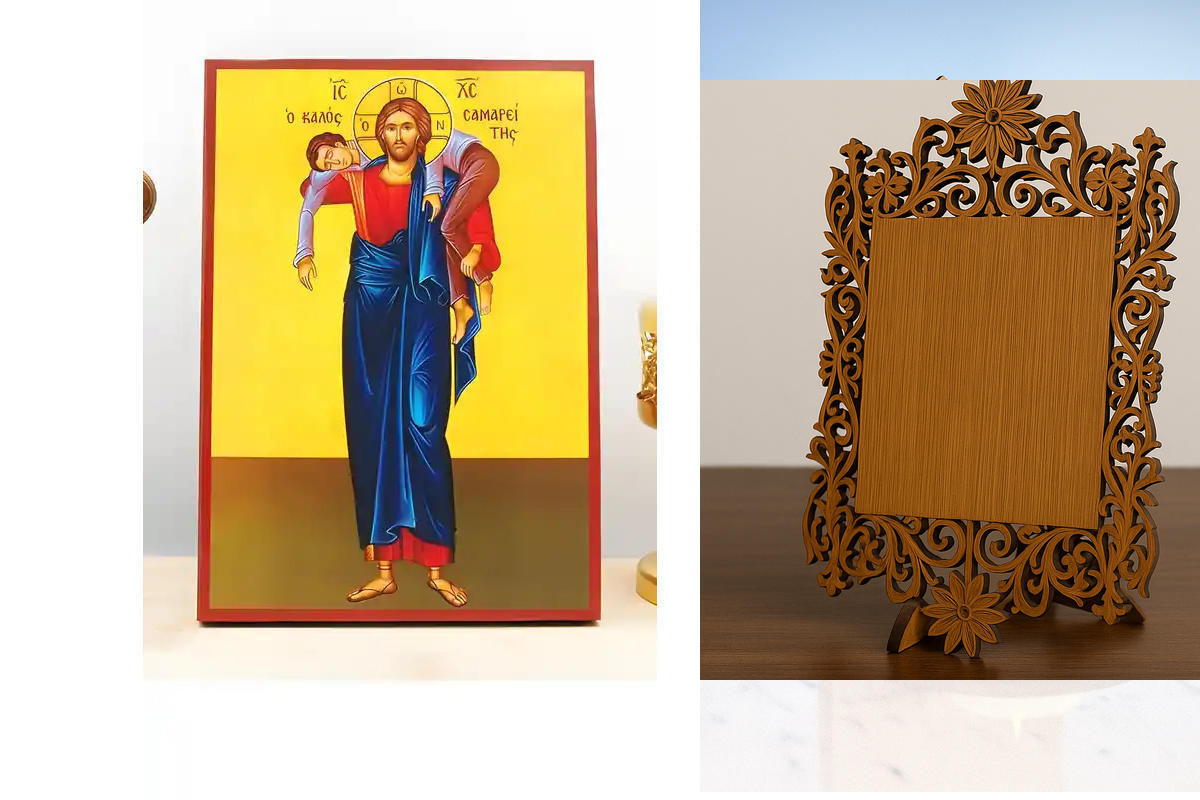 Εικόνα Ορθοδοξίας Δαντέλα μαζι με  Βάση σε  8 χρώματα με περίγραμμα χρυσό σε ξύλο Plywood (Πλακάζ)   με  βάση Ιησούς Χριστός ο καλός Σαμαρείτης, Ξύλινη Χειροποίητη Εικόνα Ελληνικού Premium Βυζαντινού Στυλ Κρεμαστή σε ξύλινη πλάκα Θρησκευτικό θέμα Χειροποί