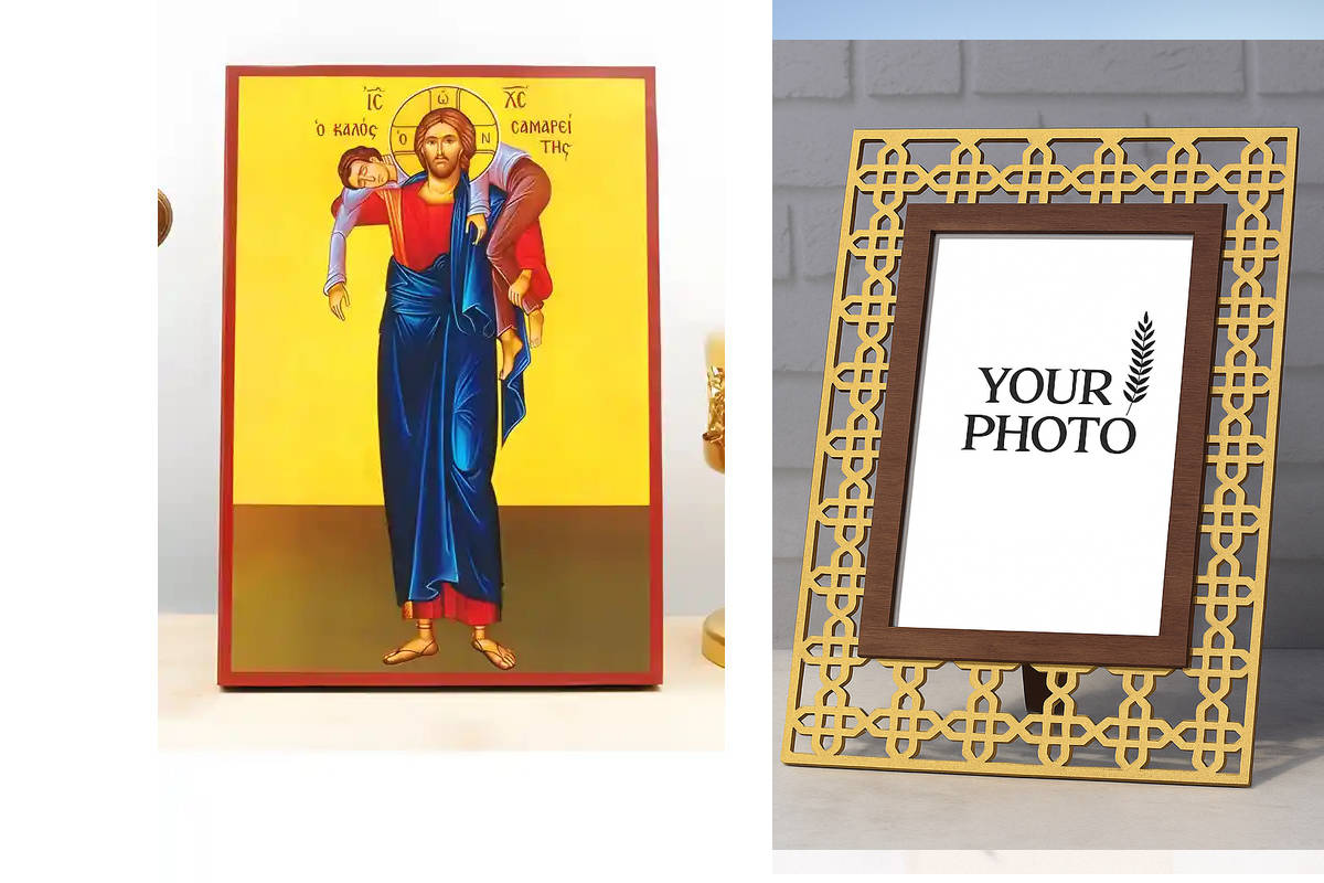 Εικόνα Ορθοδοξίας Πολυτελείας  με  σχεδιο Σταυρούς μαζι με  Βάση σε  8 χρώματα με περίγραμμα χρυσό σε ξύλο Plywood (Πλακάζ)   με  βάση Ιησούς Χριστός ο καλός Σαμαρείτης, Ξύλινη Χειροποίητη Εικόνα Ελληνικού Premium Βυζαντινού Στυλ Κρεμαστή σε ξύλινη πλάκα