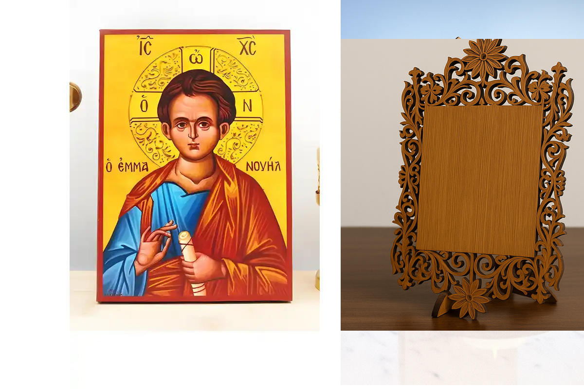 Εικόνα Ορθοδοξίας Δαντέλα μαζι με  Βάση σε  8 χρώματα με περίγραμμα χρυσό σε ξύλο Plywood (Πλακάζ)   με  βάση Ιησούς Χριστός «Ο Θεός μαζί μας» Εμμανουήλ, Ξύλινη Χειροποίητη Εικόνα Ελληνικού Premium Βυζαντινού Στυλ Κρεμασμένο σε ξύλινη πλάκα Θρησκευτικό θέ