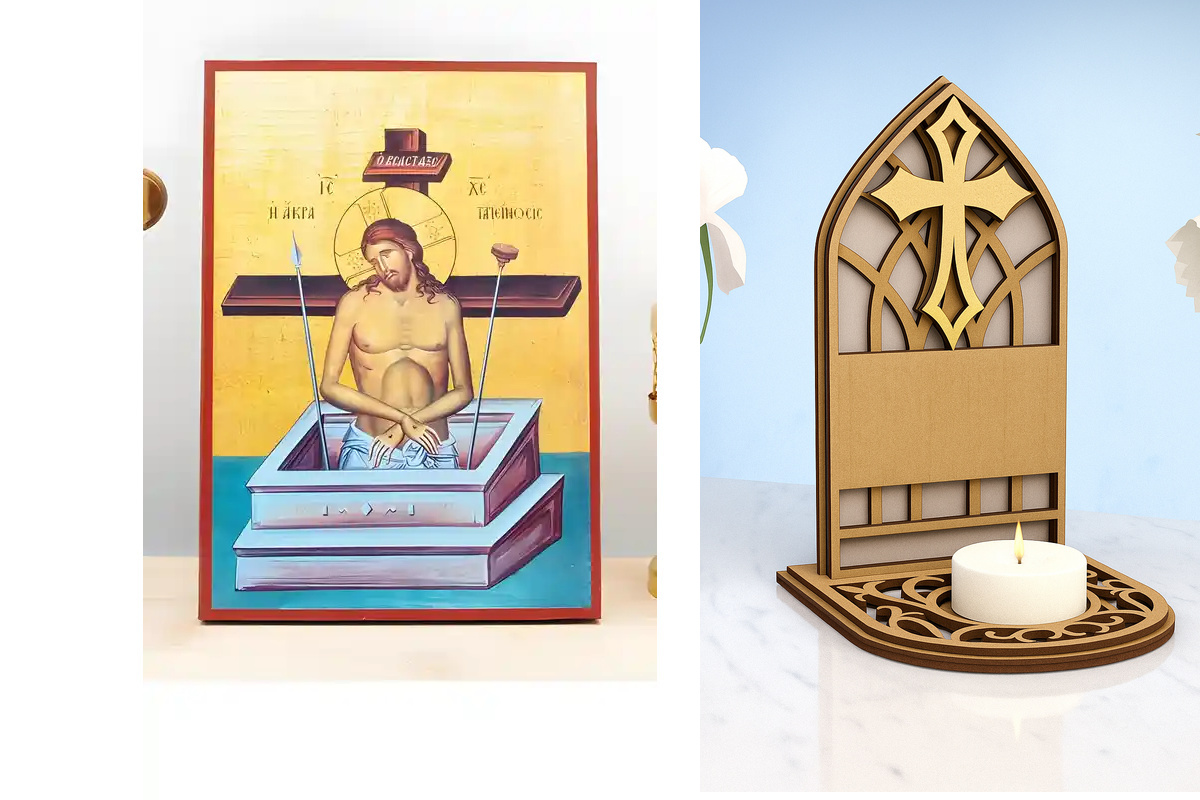 Σετ 2 τεμαχίων – Εικόνα Ορθοδοξίας Καντηλάκι σε  8 χρώματα με περίγραμμα χρυσό σε ξύλο Plywood (Πλακάζ)   με  βάση Jesus Christ Man of Sorrows "Extreme Humility", Ξύλινη Χειροποίητη Εικόνα Ελληνικού Premium Βυζαντινού Στυλ τοίχου Κρεμασμένη σε ξύλινη πλάκ