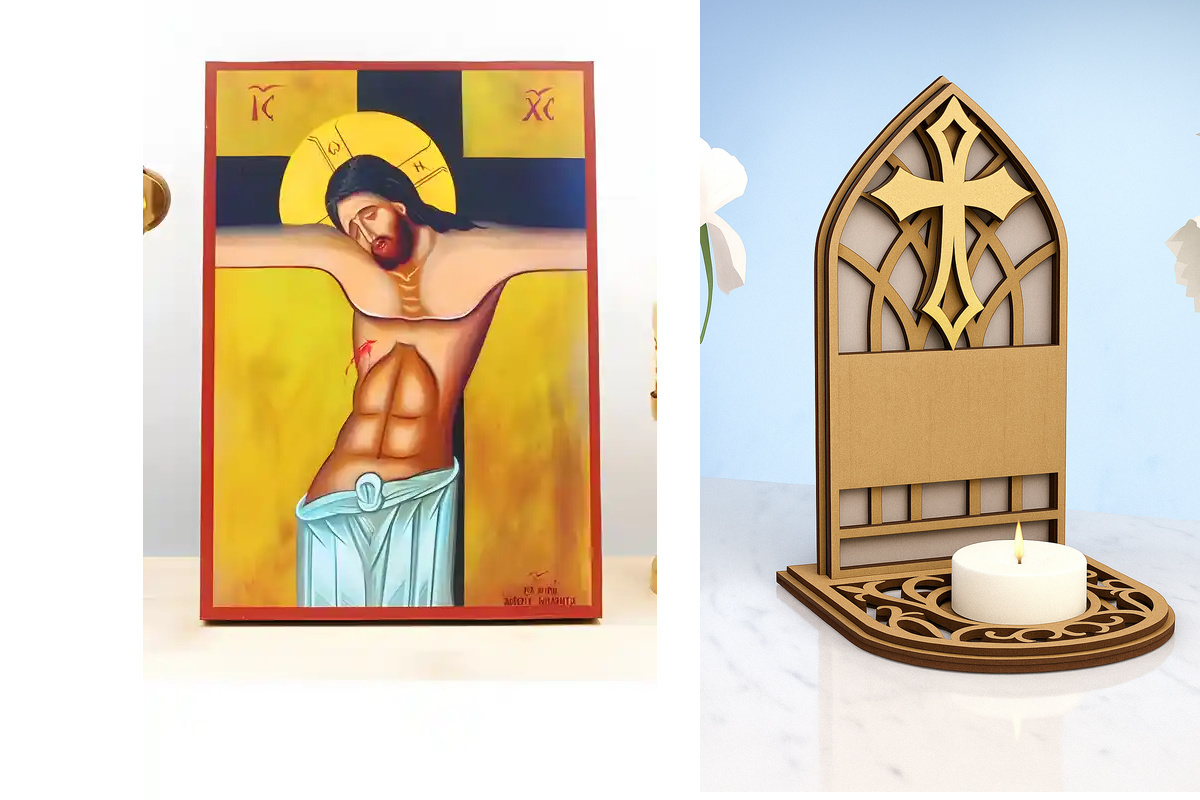 Εικόνα Ορθοδοξίας Καντηλάκι σε  8 χρώματα με περίγραμμα χρυσό σε ξύλο Plywood (Πλακάζ)   με  βάση Ο Ιησούς Χριστός Εσταυρωμένος, Ξύλινη Χειροποίητη Εικόνα Ελληνικού Premium Βυζαντινού Στυλ Κρεμασμένος σε ξύλινη πλάκα Θρησκευτικό θέμα Χειροποίητη Ελληνορθό