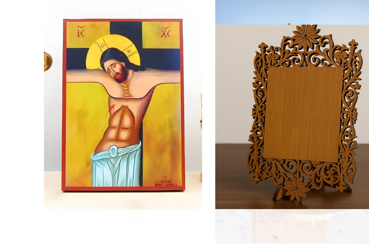 Εικόνα Ορθοδοξίας Δαντέλα μαζι με  Βάση σε  8 χρώματα με περίγραμμα χρυσό σε ξύλο Plywood (Πλακάζ)   με  βάση Ο Ιησούς Χριστός Εσταυρωμένος, Ξύλινη Χειροποίητη Εικόνα Ελληνικού Premium Βυζαντινού Στυλ Κρεμασμένος σε ξύλινη πλάκα Θρησκευτικό θέμα Χειροποίη