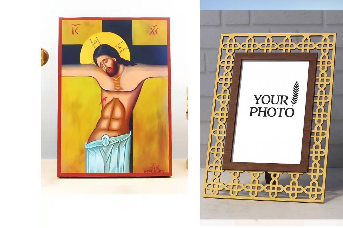 Εικόνα Ορθοδοξίας Πολυτελείας  με  σχεδιο Σταυρούς μαζι με  Βάση σε  8 χρώματα με περίγραμμα χρυσό σε ξύλο Plywood (Πλακάζ)   με  βάση Ο Ιησούς Χριστός Εσταυρωμένος, Ξύλινη Χειροποίητη Εικόνα Ελληνικού Premium Βυζαντινού Στυλ Κρεμασμένος σε ξύλινη πλάκα Θ