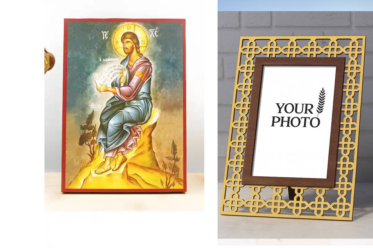 Εικόνα Ορθοδοξίας Πολυτελείας  με  σχεδιο Σταυρούς μαζι με  Βάση σε  8 χρώματα με περίγραμμα χρυσό σε ξύλο Plywood (Πλακάζ)   με  βάση Jesus Christ The Preacher Πλήρης, Ξύλινη Χειροποίητη Εικόνα Ελληνικού Premium Βυζαντινού Στυλ τοίχου Κρεμασμένη σε ξύλιν