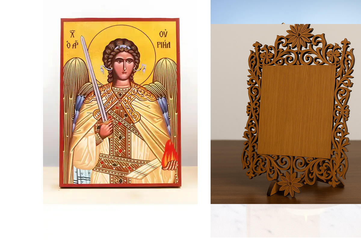 Σετ 2 τεμαχίων – Εικόνα Ορθοδοξίας Δαντέλα μαζι με  Βάση σε  8 χρώματα με περίγραμμα χρυσό σε ξύλο Plywood (Πλακάζ)   με  βάση Αρχάγγελος Ουριήλ, Ξύλινη Χειροποίητη Εικόνα Ελληνικού Premium Βυζαντινού Στυλ Κρεμασμένο σε ξύλινη πλάκα Θρησκευτικό θέμα Χειρο