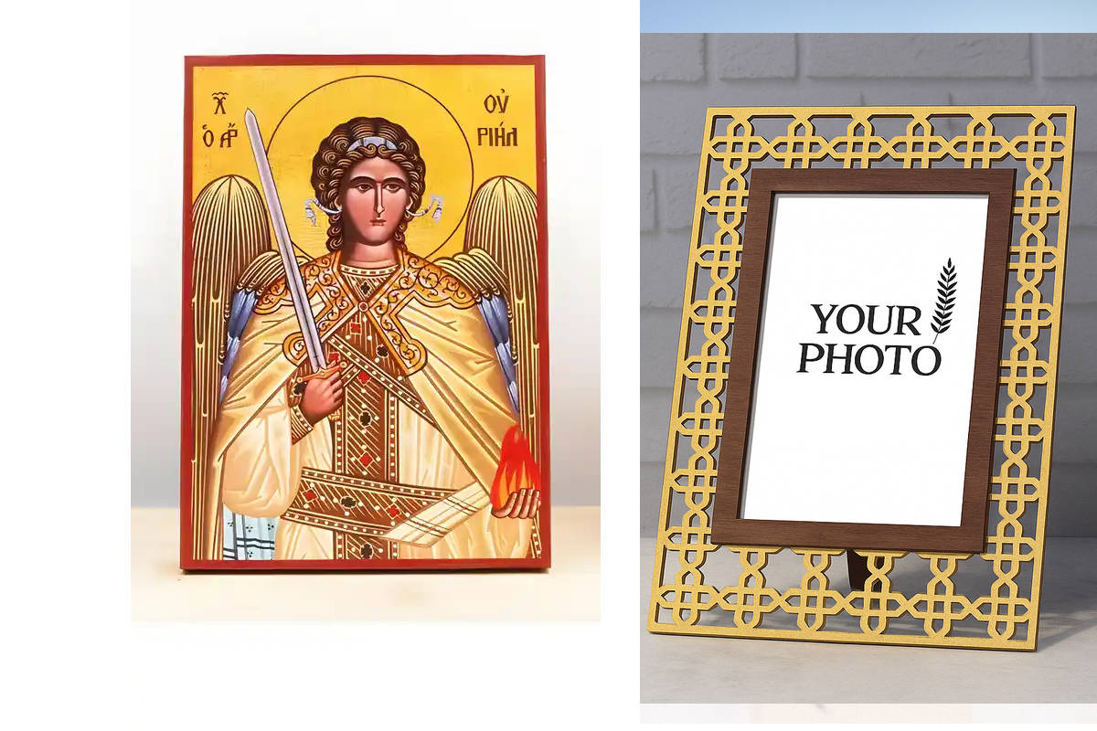 Εικόνα Ορθοδοξίας Πολυτελείας  με  σχεδιο Σταυρούς μαζι με  Βάση σε  8 χρώματα με περίγραμμα χρυσό σε ξύλο Plywood (Πλακάζ)   με  βάση Αρχάγγελος Ουριήλ, Ξύλινη Χειροποίητη Εικόνα Ελληνικού Premium Βυζαντινού Στυλ Κρεμασμένο σε ξύλινη πλάκα Θρησκευτικό θέ