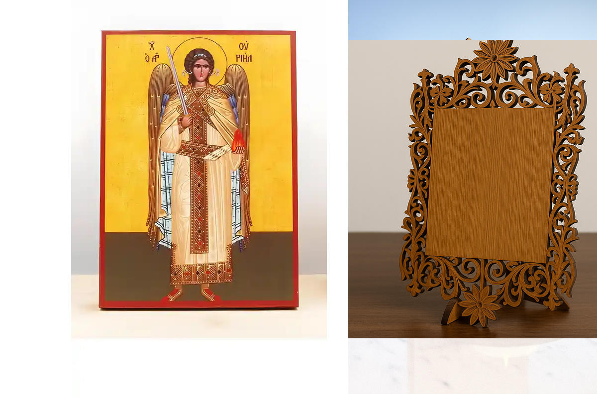 Εικόνα Ορθοδοξίας Δαντέλα μαζι με  Βάση σε  8 χρώματα με περίγραμμα χρυσό σε ξύλο Plywood (Πλακάζ)   με  βάση Αρχάγγελος Ουριήλ Ολόσωμο, Ξύλινη Χειροποίητη Εικόνα Ελληνικού Premium Βυζαντινού Στυλ Κρεμασμένο σε ξύλινη πλάκα Θρησκευτικό θέμα Χειροποίητη Ελ