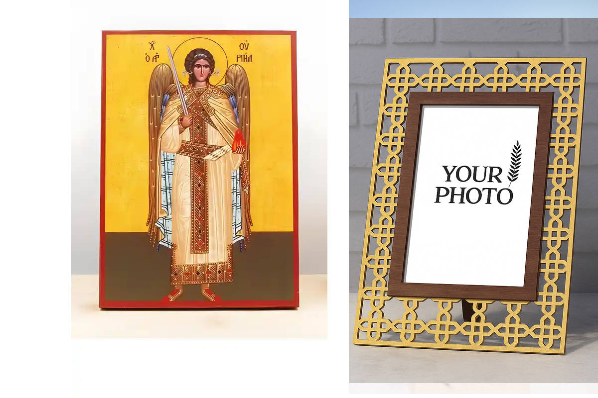 Εικόνα Ορθοδοξίας Πολυτελείας  με  σχεδιο Σταυρούς μαζι με  Βάση σε  8 χρώματα με περίγραμμα χρυσό σε ξύλο Plywood (Πλακάζ)   με  βάση Αρχάγγελος Ουριήλ Ολόσωμο, Ξύλινη Χειροποίητη Εικόνα Ελληνικού Premium Βυζαντινού Στυλ Κρεμασμένο σε ξύλινη πλάκα Θρησκε