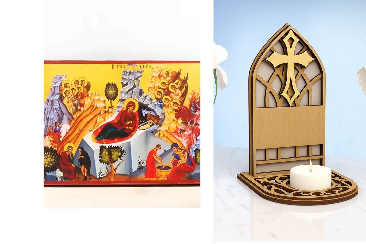 Εικόνα Ορθοδοξίας Καντηλάκι σε  8 χρώματα με περίγραμμα χρυσό σε ξύλο Plywood (Πλακάζ)   με  βάση Γένεση του Ιησού Χριστού, Ξύλινη Χειροποίητη Κατακόρυφη Εικόνα Ελληνικού Premium Βυζαντινού Στυλ Κρεμασμένο σε ξύλινη πλάκα Ορθόδοξο Θρησκευτικό Θέμα Χειροπο