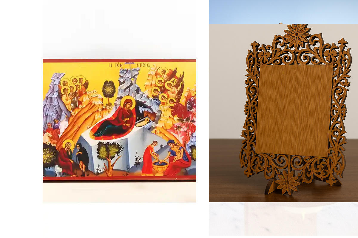 Σετ 2 τεμαχίων – Εικόνα Ορθοδοξίας Δαντέλα μαζι με  Βάση σε  8 χρώματα με περίγραμμα χρυσό σε ξύλο Plywood (Πλακάζ)   με  βάση Γένεση του Ιησού Χριστού, Ξύλινη Χειροποίητη Κατακόρυφη Εικόνα Ελληνικού Premium Βυζαντινού Στυλ Κρεμασμένο σε ξύλινη πλάκα Ορθό