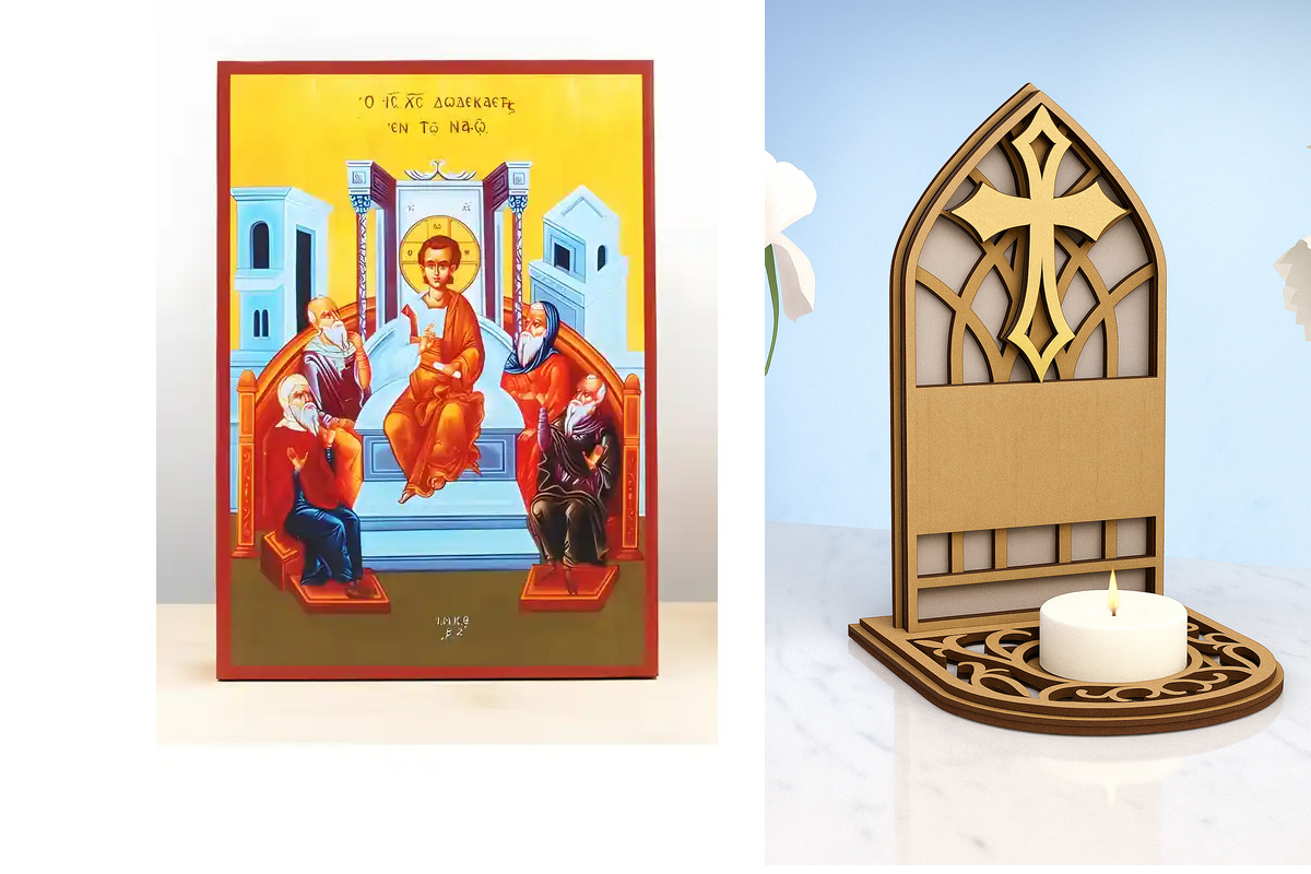 Εικόνα Ορθοδοξίας Καντηλάκι σε  8 χρώματα με περίγραμμα χρυσό σε ξύλο Plywood (Πλακάζ)   με  βάση The Boy Jesus Christ at the Temple, Ξύλινη Χειροποίητη Εικόνα Ελληνικού Premium Βυζαντινού Στυλ Κρεμασμένο σε ξύλινη πλάκα Χειροποίητη Ελληνορθόδοξη εικόνα τ