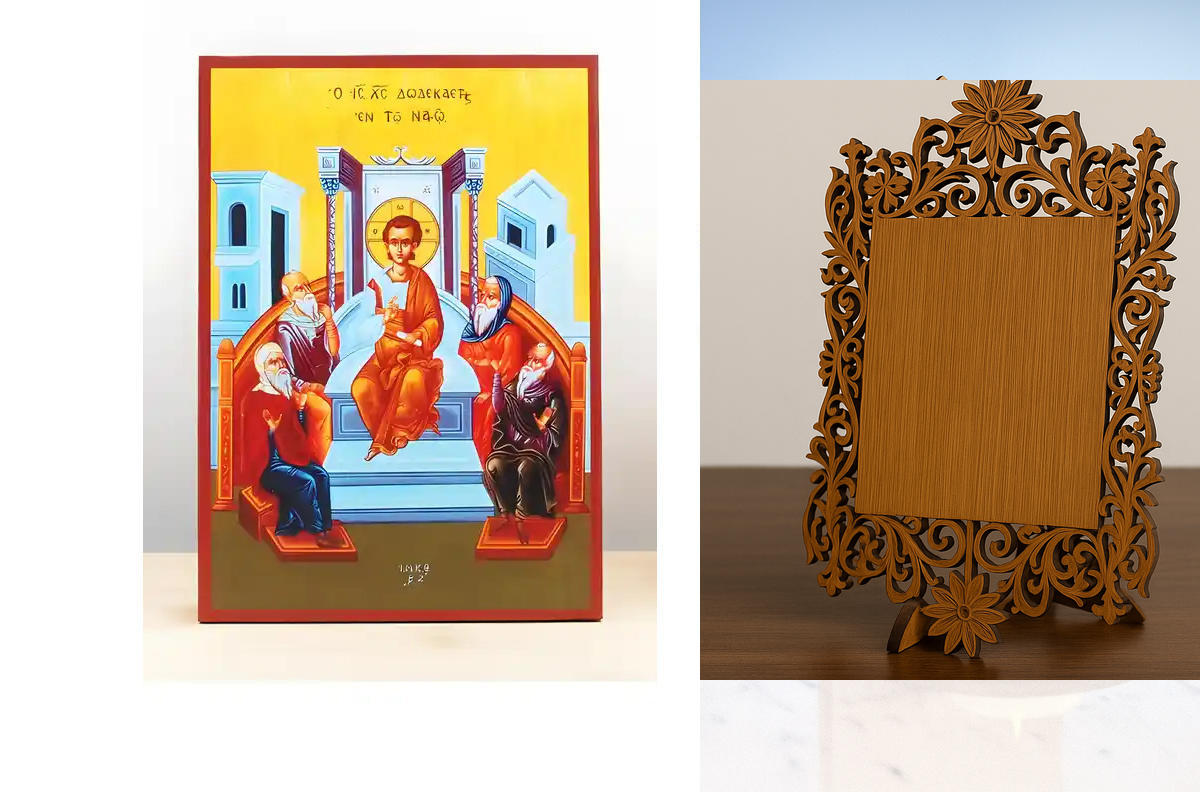 Εικόνα Ορθοδοξίας Δαντέλα μαζι με  Βάση σε  8 χρώματα με περίγραμμα χρυσό σε ξύλο Plywood (Πλακάζ)   με  βάση The Boy Jesus Christ at the Temple, Ξύλινη Χειροποίητη Εικόνα Ελληνικού Premium Βυζαντινού Στυλ Κρεμασμένο σε ξύλινη πλάκα Χειροποίητη Ελληνορθόδ