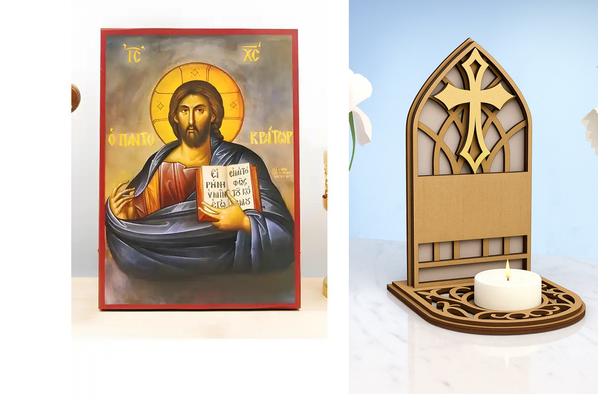 Εικόνα Ορθοδοξίας Καντηλάκι σε  8 χρώματα με περίγραμμα χρυσό σε ξύλο Plywood (Πλακάζ)   με  βάση Ο Ιησούς Χριστός ευλογεί τον Παντοκράτορα, Ξύλινη Χειροποίητη Εικόνα Ελληνικού Premium Βυζαντινού Στυλ Κρεμασμένο σε ξύλινη πλάκα Θρησκευτικό θέμα Χειροποίητ
