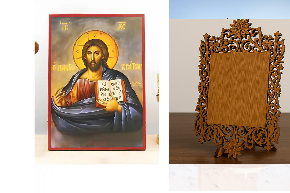 Εικόνα Ορθοδοξίας Δαντέλα μαζι με  Βάση σε  8 χρώματα με περίγραμμα χρυσό σε ξύλο Plywood (Πλακάζ)   με  βάση Ο Ιησούς Χριστός ευλογεί τον Παντοκράτορα, Ξύλινη Χειροποίητη Εικόνα Ελληνικού Premium Βυζαντινού Στυλ Κρεμασμένο σε ξύλινη πλάκα Θρησκευτικό θέμ