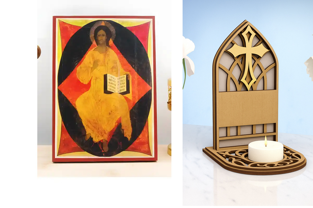 Εικόνα Ορθοδοξίας Καντηλάκι σε  8 χρώματα με περίγραμμα χρυσό σε ξύλο Plywood (Πλακάζ)   με  βάση Ιησούς Χριστός Βασιλιάς των Βασιλέων Ενθρονισμένος, Ξύλινη Χειροποίητη Εικόνα Ελληνικού Premium Βυζαντινού Στυλ τοίχου Κρεμασμένη σε ξύλινη πλάκα Θρησκευτικό