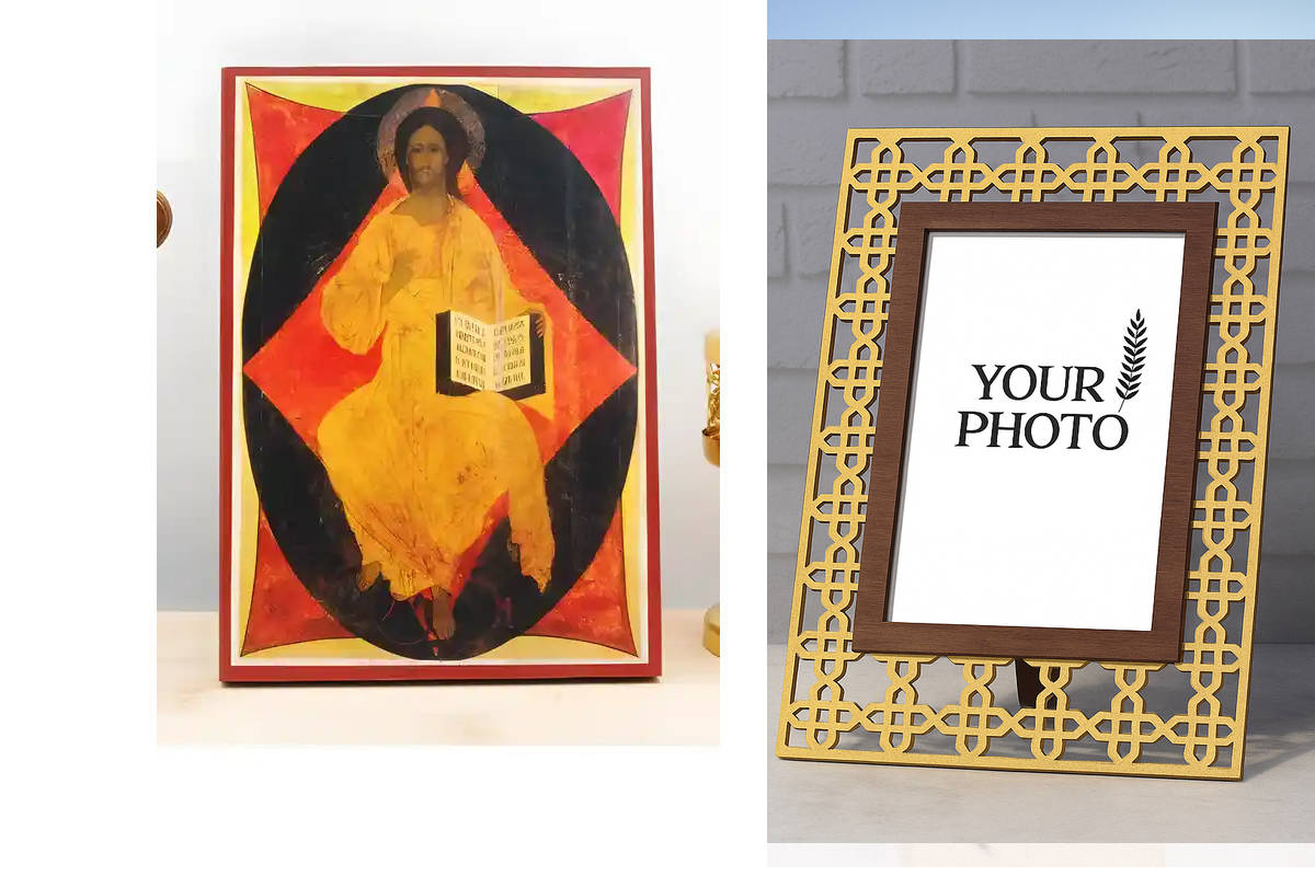 Εικόνα Ορθοδοξίας Πολυτελείας  με  σχεδιο Σταυρούς μαζι με  Βάση σε  8 χρώματα με περίγραμμα χρυσό σε ξύλο Plywood (Πλακάζ)   με  βάση Ιησούς Χριστός Βασιλιάς των Βασιλέων Ενθρονισμένος, Ξύλινη Χειροποίητη Εικόνα Ελληνικού Premium Βυζαντινού Στυλ τοίχου Κ