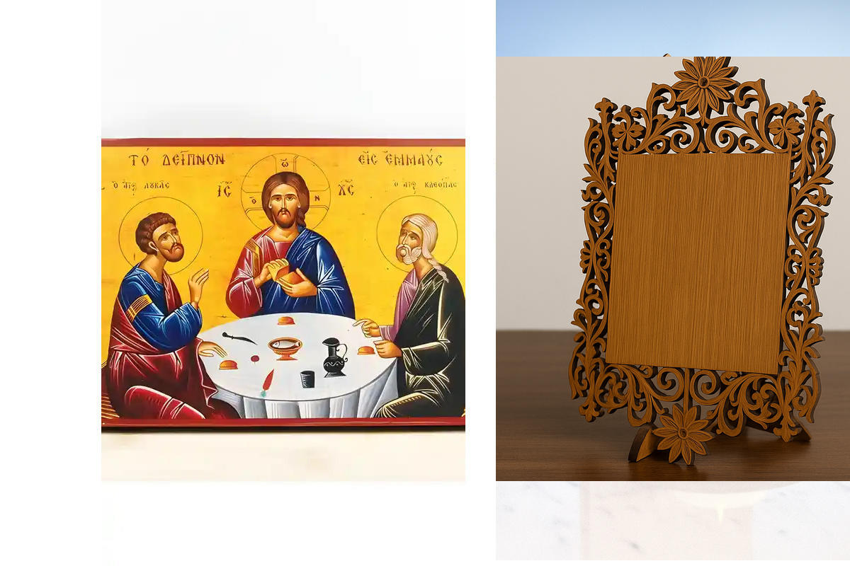 Εικόνα Ορθοδοξίας Δαντέλα μαζι με  Βάση σε  8 χρώματα με περίγραμμα χρυσό σε ξύλο Plywood (Πλακάζ)   με  βάση Ιησούς Χριστός Το Δείπνο στο Εμμαούς, Ξύλινη Χειροποίητη Εικόνα Ελληνικού Βυζαντινού Στυλ τοίχου Κρεμασμένη σε ξύλινη πλάκα Ορθόδοξο θρησκευτικό