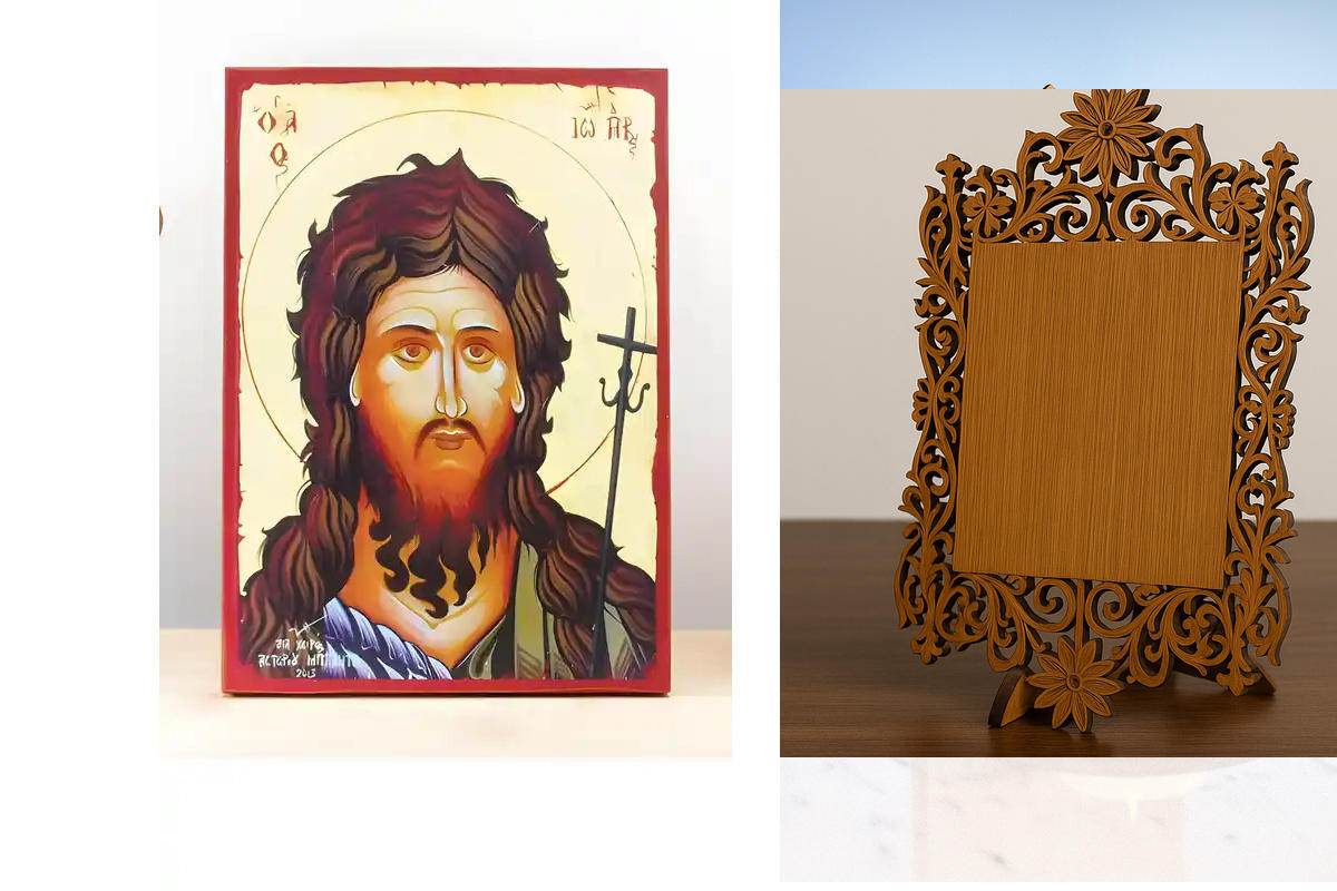 Εικόνα Ορθοδοξίας Δαντέλα μαζι με  Βάση σε  8 χρώματα με περίγραμμα χρυσό σε ξύλο Plywood (Πλακάζ)   με  βάση Πορτρέτο του Αγίου Ιωάννη του Βαπτιστή "ο Πρόδρομος", WΞύλινη Χειροποίητη Εικόνα Ελληνικής Premium Βυζαντινού Στυλ τοίχου Κρεμασμένη σε ξύλινη πλ