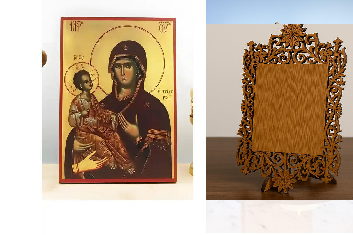 Εικόνα Ορθοδοξίας Δαντέλα μαζι με  Βάση σε  8 χρώματα με περίγραμμα χρυσό σε ξύλο Plywood (Πλακάζ)   με  βάση Παναγία η Τριξερούσα με τον Ιησού, Ξύλινη Χειροποίητη Εικόνα Ελληνικής Βυζαντινής Τεχνοτροπίας Κρεμασμένη σε ξύλινη πλάκα Χειροποίητη Ελληνορθόδο