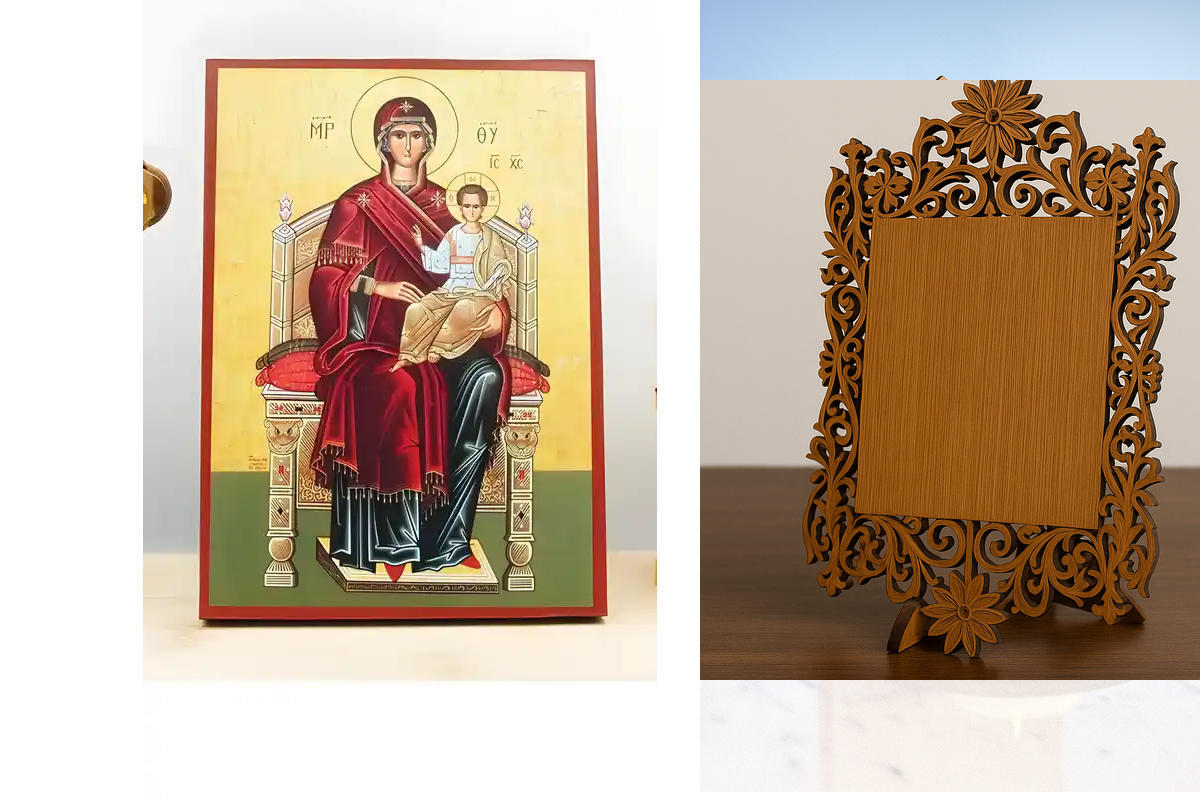 Εικόνα Ορθοδοξίας Δαντέλα μαζι με  Βάση σε  8 χρώματα με περίγραμμα χρυσό σε ξύλο Plywood (Πλακάζ)   με  βάση Παναγία Ένθρονη με τον Ιησού, Ξύλινη Χειροποίητη Εικόνα Ελληνικού Βυζαντινού Στυλ τοίχου Κρεμασμένη σε ξύλινη πλάκα Θρησκευτικό θέμα Χειροποίητη