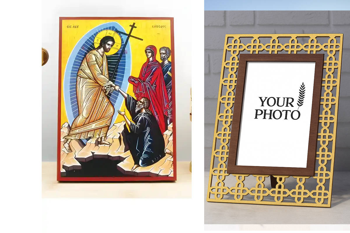 Εικόνα Ορθοδοξίας Πολυτελείας  με  σχεδιο Σταυρούς μαζι με  Βάση σε  8 χρώματα με περίγραμμα χρυσό σε ξύλο Plywood (Πλακάζ)   με  βάση Ο Ιησούς Χριστός Κάθοδος στην Κόλαση, Ξύλινη Χειροποίητη Εικόνα Ελληνικού Premium Βυζαντινού Στυλ τοίχου Κρεμασμένη σε ξ