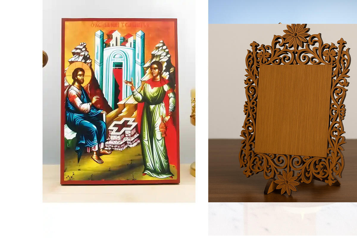 Εικόνα Ορθοδοξίας Δαντέλα μαζι με  Βάση σε  8 χρώματα με περίγραμμα χρυσό σε ξύλο Plywood (Πλακάζ)   με  βάση Ο Ιησούς Χριστός μιλά με Σαμαρείτισσα, Ξύλινη Χειροποίητη Εικόνα Ελληνικού Βυζαντινού Στυλ Κρεμασμένο σε ξύλινη πλάκα Ορθόδοξο Θρησκευτικό Θέμα Χ