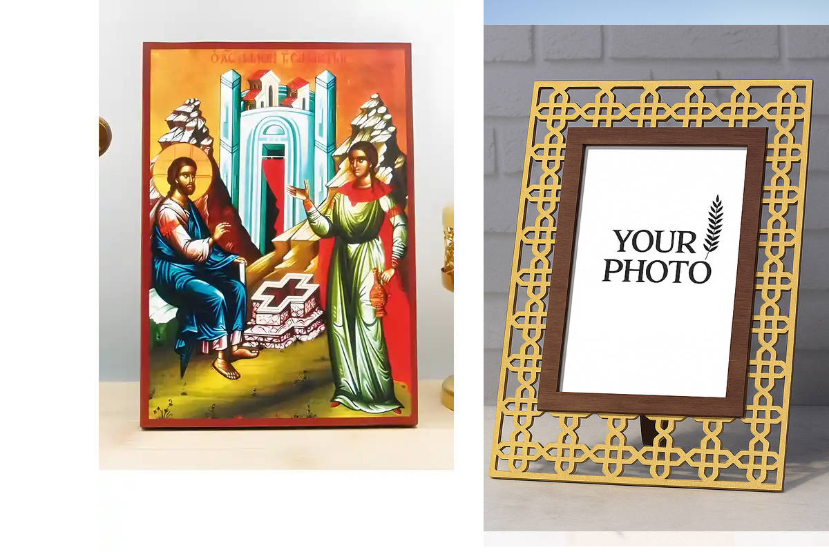 Εικόνα Ορθοδοξίας Πολυτελείας  με  σχεδιο Σταυρούς μαζι με  Βάση σε  8 χρώματα με περίγραμμα χρυσό σε ξύλο Plywood (Πλακάζ)   με  βάση Ο Ιησούς Χριστός μιλά με Σαμαρείτισσα, Ξύλινη Χειροποίητη Εικόνα Ελληνικού Βυζαντινού Στυλ Κρεμασμένο σε ξύλινη πλάκα Ορ