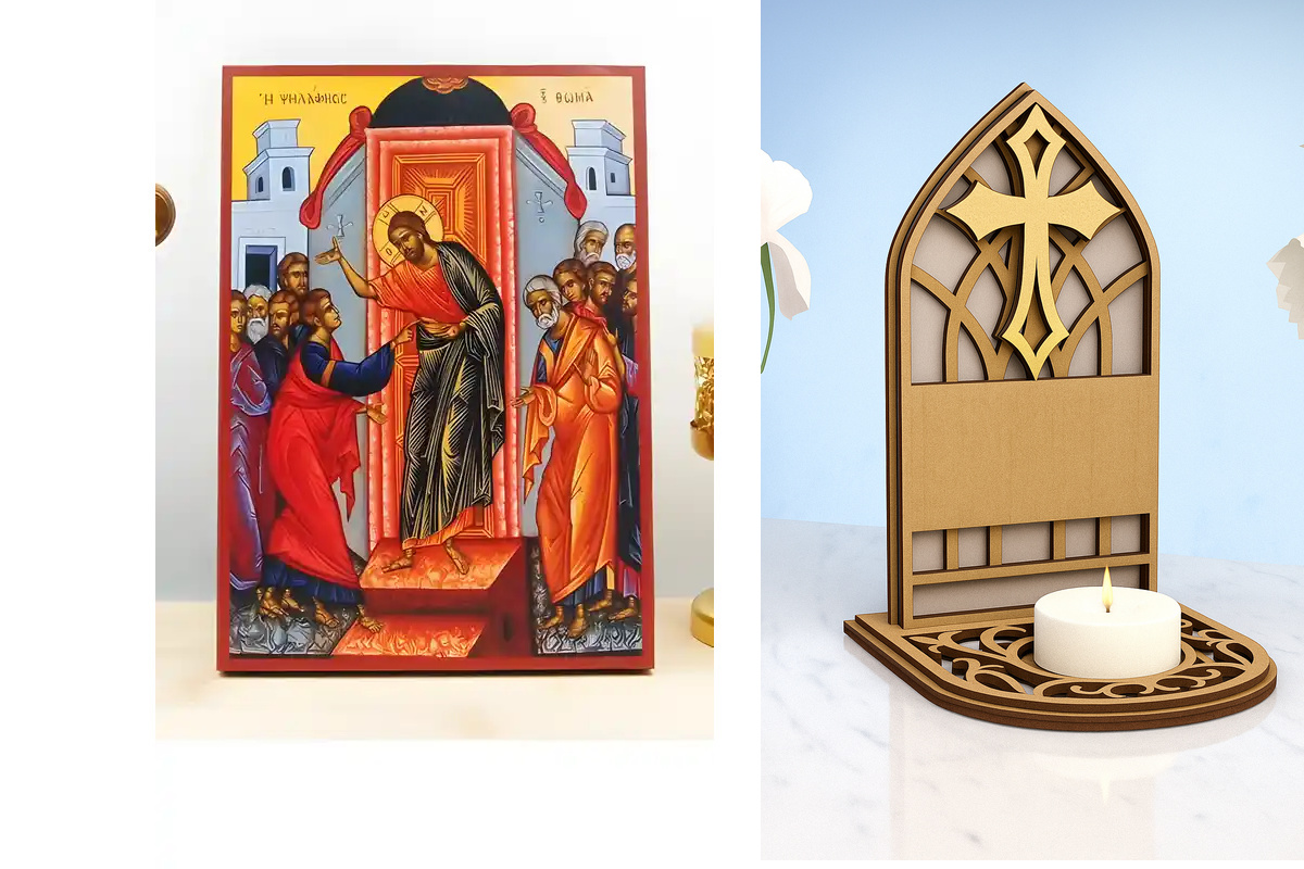 Σετ 2 τεμαχίων – Εικόνα Ορθοδοξίας Καντηλάκι σε  8 χρώματα με περίγραμμα χρυσό σε ξύλο Plywood (Πλακάζ)   με  βάση The Incredulity of Saint Thomas, Ξύλινη Χειροποίητη Εικόνα Ελληνικού Premium Βυζαντινού Στυλ Κρεμασμένο σε ξύλινη πλάκα Ορθόδοξο Θρησκευτικό