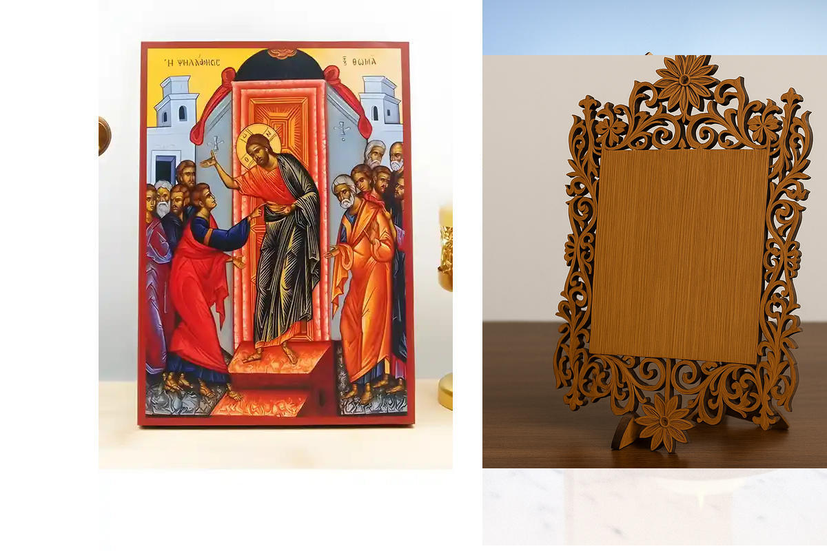 Εικόνα Ορθοδοξίας Δαντέλα μαζι με  Βάση σε  8 χρώματα με περίγραμμα χρυσό σε ξύλο Plywood (Πλακάζ)   με  βάση The Incredulity of Saint Thomas, Ξύλινη Χειροποίητη Εικόνα Ελληνικού Premium Βυζαντινού Στυλ Κρεμασμένο σε ξύλινη πλάκα Ορθόδοξο Θρησκευτικό Θέμα