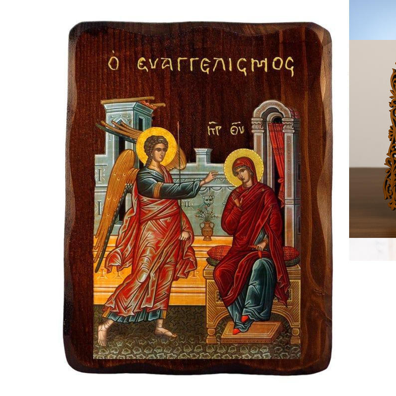 Εικόνα Ορθοδοξίας Δαντέλα μαζι με  Βάση σε  8 χρώματα με περίγραμμα χρυσό σε ξύλο Plywood (Πλακάζ)   με  βάση Ο Ευαγγελισμός της Θεοτόκου, Χειροποίητη εικόνα του Ευαγγελισμού της Θεοτόκου, τείχος βυζαντινής τέχνης, θρησκευτικό δώρο, χριστιανική διακόσμηση