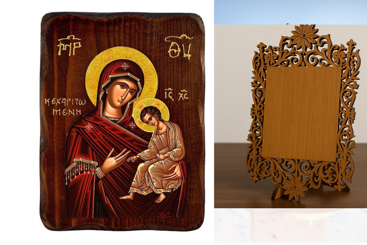 Εικόνα Ορθοδοξίας Δαντέλα μαζι με  Βάση σε  8 χρώματα με περίγραμμα χρυσό σε ξύλο Plywood (Πλακάζ)   με  βάση Εικόνα Παναγίας Χάρης, Χειροποίητη εικόνα της Παναγίας Κεχαριτωμένης, επιτοίχια βυζαντινή τέχνη, θρησκευτικό δώρο, χριστιανική διακόσμηση Διάστασ