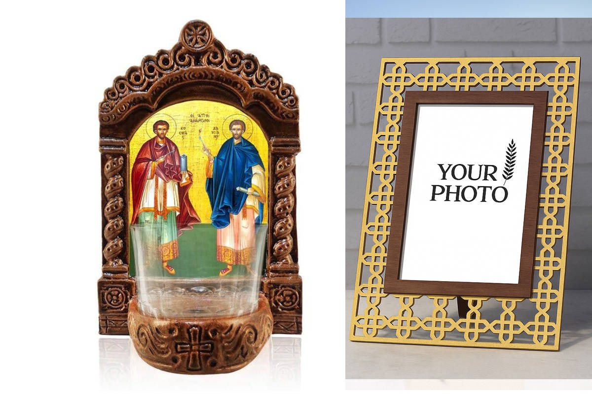 Εικόνα Ορθοδοξίας Πολυτελείας  με  σχεδιο Σταυρούς μαζι με  Βάση σε  8 χρώματα με περίγραμμα χρυσό σε ξύλο Plywood (Πλακάζ)   με  βάση Οι Άγιοι Ανεργοφόροι Κοσμάς και Δαμιανός Λυχνία, Άγιοι Κοσμάς και Δαμιανός Κεραμική επιτραπέζια εικόνα, Άγιοι Ανάργυροι