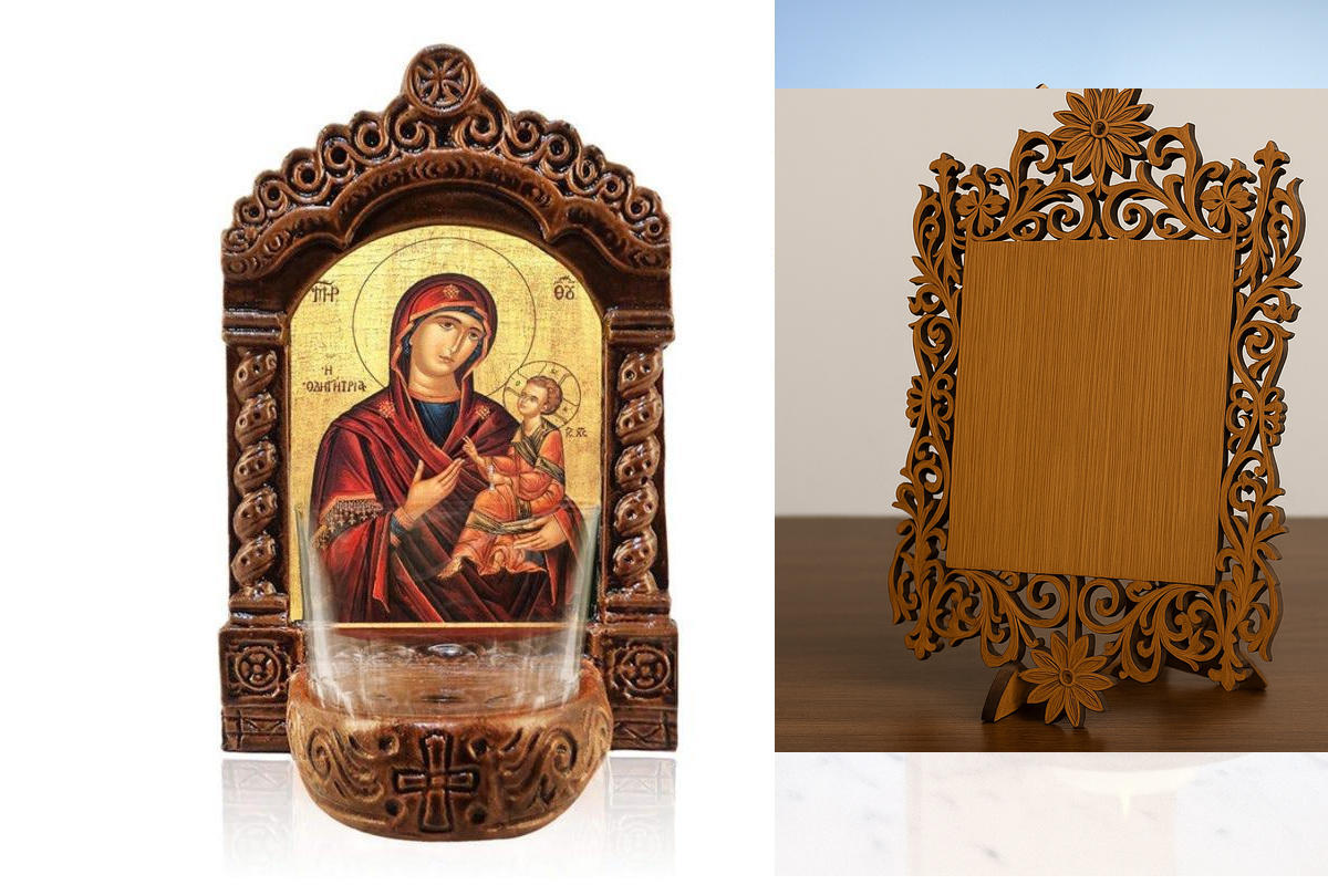 Εικόνα Ορθοδοξίας Δαντέλα μαζι με  Βάση σε  8 χρώματα με περίγραμμα χρυσό σε ξύλο Plywood (Πλακάζ)   με  βάση Η Παναγία η Οδηγός Λυχνία, η Παναγία της Οδηγός Κεραμική επιτραπέζια εικόνα, Παναγία Οδηγήτρια Αγρυπνία με Κύπελλο Διάσταση 40x30 cm (15,8 x 11,8