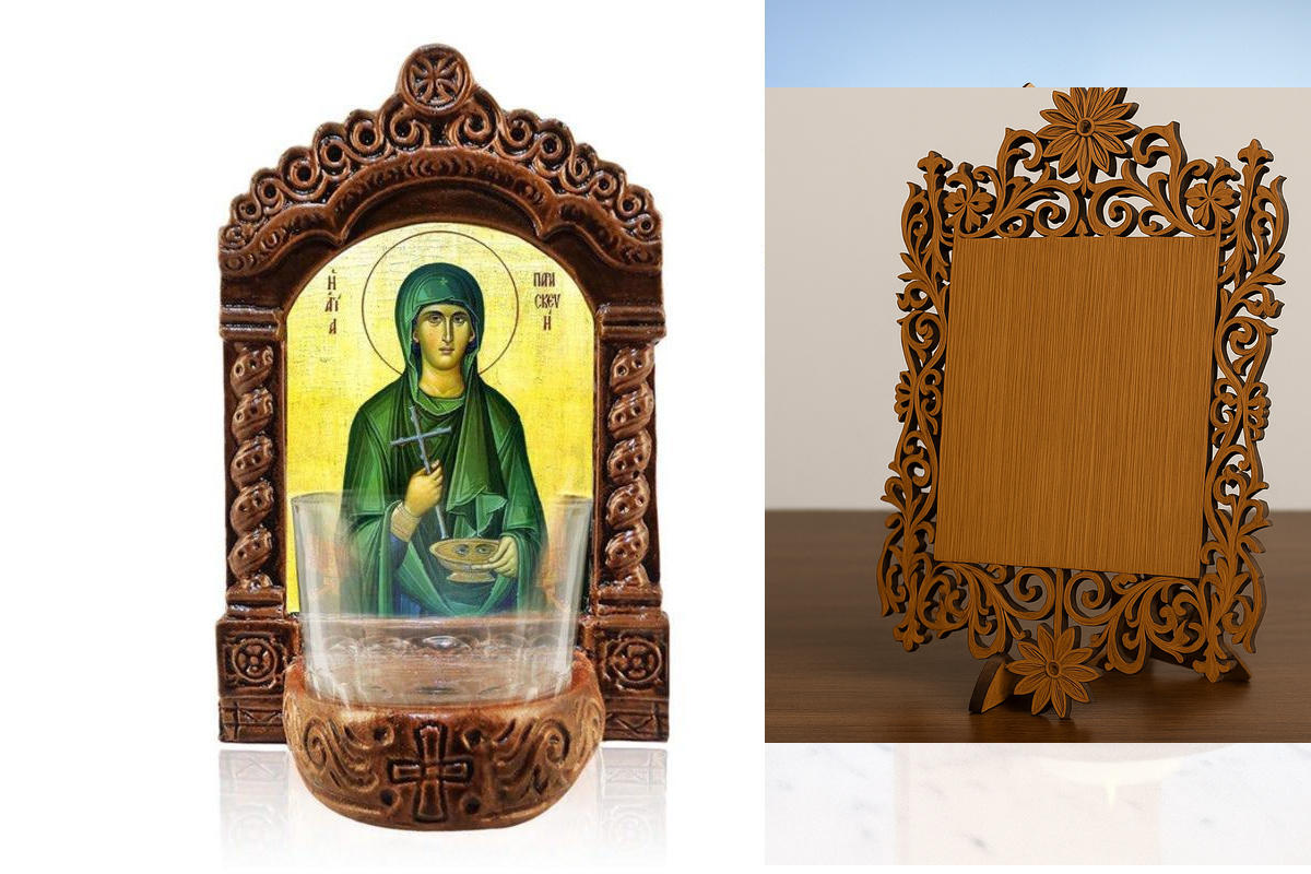 Εικόνα Ορθοδοξίας Δαντέλα μαζι με  Βάση σε  8 χρώματα με περίγραμμα χρυσό σε ξύλο Plywood (Πλακάζ)   με  βάση Αγρυπνός Αγίας Παρασκευής, Αγία Παρασκευή η Μάρτυς και Θεραπευτής, Χειροποίητο Κεραμικό Φωτιστικό Αγρυπνίας με Γυάλινο Κύπελλο Διάσταση 40x30 cm