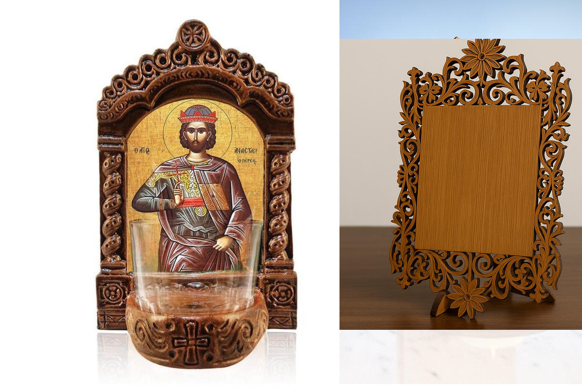 Εικόνα Ορθοδοξίας Δαντέλα μαζι με  Βάση σε  8 χρώματα με περίγραμμα χρυσό σε ξύλο Plywood (Πλακάζ)   με  βάση Αγρυπνός Άγιος Αναστάσιος ο Πέρσης, Επιτραπέζια εικόνα Άγιος Αναστάσιος ο Πέρσης, Χειροποίητο Κεραμικό Φανάρι με γυάλινο κύπελλο Διάσταση 40x30 c