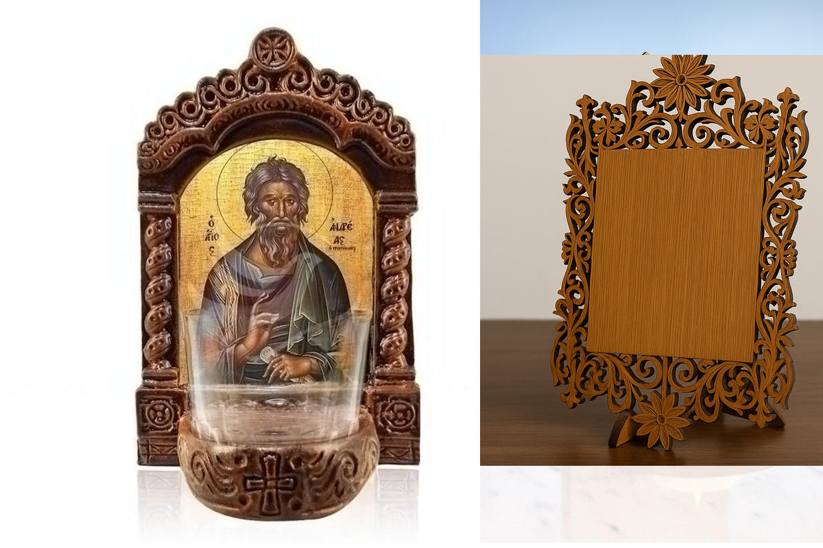 Εικόνα Ορθοδοξίας Δαντέλα μαζι με  Βάση σε  8 χρώματα με περίγραμμα χρυσό σε ξύλο Plywood (Πλακάζ)   με  βάση Φωτιστικό Αγρυπνού Αγίου Ανδρέα, Επιτραπέζια εικόνα του Αγίου Ανδρέα, Χειροποίητο Κεραμικό Φωτιστικό με Γυάλινο Κύπελλο Διάσταση 40x30 cm (15,8 x