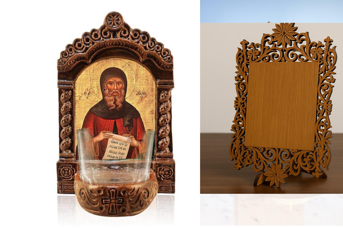 Εικόνα Ορθοδοξίας Δαντέλα μαζι με  Βάση σε  8 χρώματα με περίγραμμα χρυσό σε ξύλο Plywood (Πλακάζ)   με  βάση Φωτιστικό Αγρυπνού Αγίου Αντωνίου, Εικόνα Αγίου Αντωνίου του Μεγάλου Επιτραπέζιου, Χειροποίητο Κεραμικό Φωτιστικό με Γυάλινο Κύπελλο Διάσταση 40x