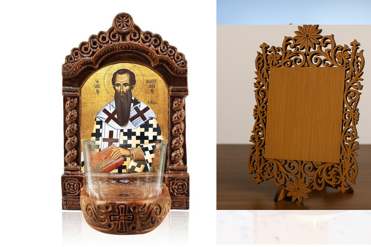 Εικόνα Ορθοδοξίας Δαντέλα μαζι με  Βάση σε  8 χρώματα με περίγραμμα χρυσό σε ξύλο Plywood (Πλακάζ)   με  βάση Φωτιστικό Αγρυπνίας Αγίου Βασιλείου, Χειροποίητη επιτραπέζια εικόνα Αγίου Βασιλείου, Ελληνικής κατασκευής Κεραμικό Φωτιστικό με Γυάλινο Κύπελλο Δ