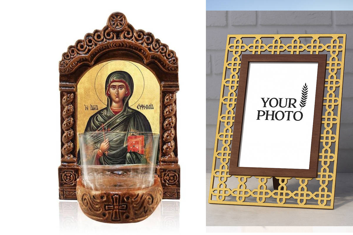 Εικόνα Ορθοδοξίας Πολυτελείας  με  σχεδιο Σταυρούς μαζι με  Βάση σε  8 χρώματα με περίγραμμα χρυσό σε ξύλο Plywood (Πλακάζ)   με  βάση Αγρυπνός Αγρυπνίας Αγίας Ευφημίας, Αγία Ευφημία η Μεγαλομάρτυς Ελληνική Επιτραπέζια Εικόνα, Χειροποίητο Κεραμικό Φωτιστι