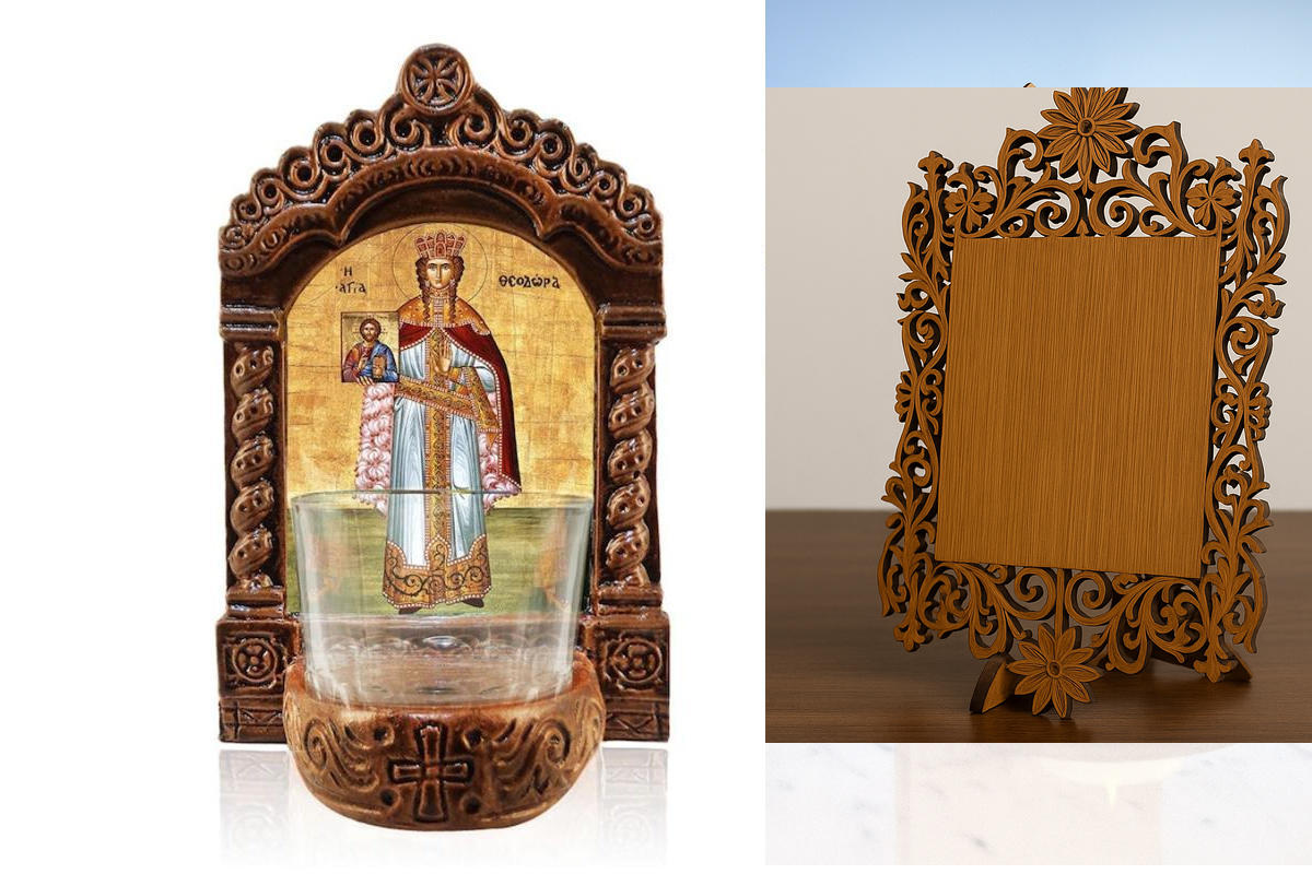 Εικόνα Ορθοδοξίας Δαντέλα μαζι με  Βάση σε  8 χρώματα με περίγραμμα χρυσό σε ξύλο Plywood (Πλακάζ)   με  βάση Φωτιστικό Αγίας Θεοδώρας, Αγία Θεοδώρα η Αυτοκράτειρα Ελληνική Επιτραπέζια Εικόνα, Χειροποίητο Κεραμικό Φωτιστικό με Γυάλινο Κύπελλο Διάσταση 40x