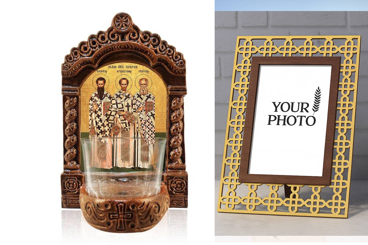 Εικόνα Ορθοδοξίας Πολυτελείας  με  σχεδιο Σταυρούς μαζι με  Βάση σε  8 χρώματα με περίγραμμα χρυσό σε ξύλο Plywood (Πλακάζ)   με  βάση Λυχνία Αγρυπνίας Τριών Ιεραρχών, Άγιος Βασίλειος ο Μέγας Άγιος Γρηγόριος ο Θεολόγος και Άγιος Ιωάννης ο Χρυσόστομος, Χει