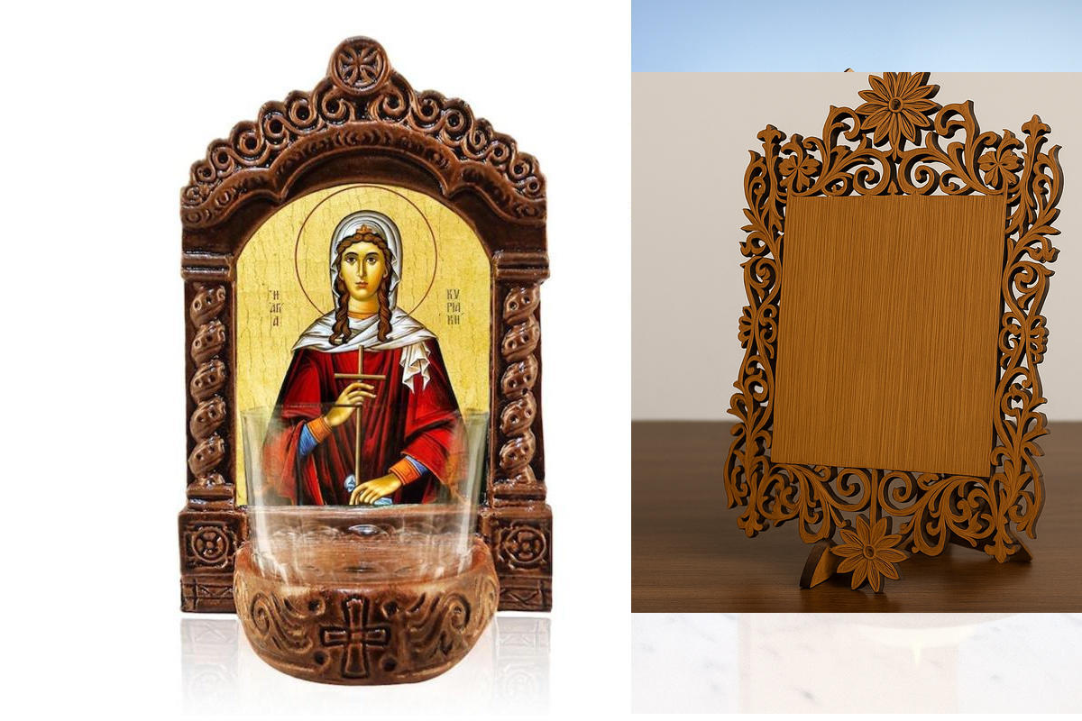 Εικόνα Ορθοδοξίας Δαντέλα μαζι με  Βάση σε  8 χρώματα με περίγραμμα χρυσό σε ξύλο Plywood (Πλακάζ)   με  βάση Αγρυπνός Αγίας Κυριάκας, Αγία Κυριακή η Μεγαλομάρτυς Ελληνική Επιτραπέζια Εικόνα, Χειροποίητο Κεραμικό Φωτεινό με Γυάλινο Κύπελλο Διάσταση 40x30