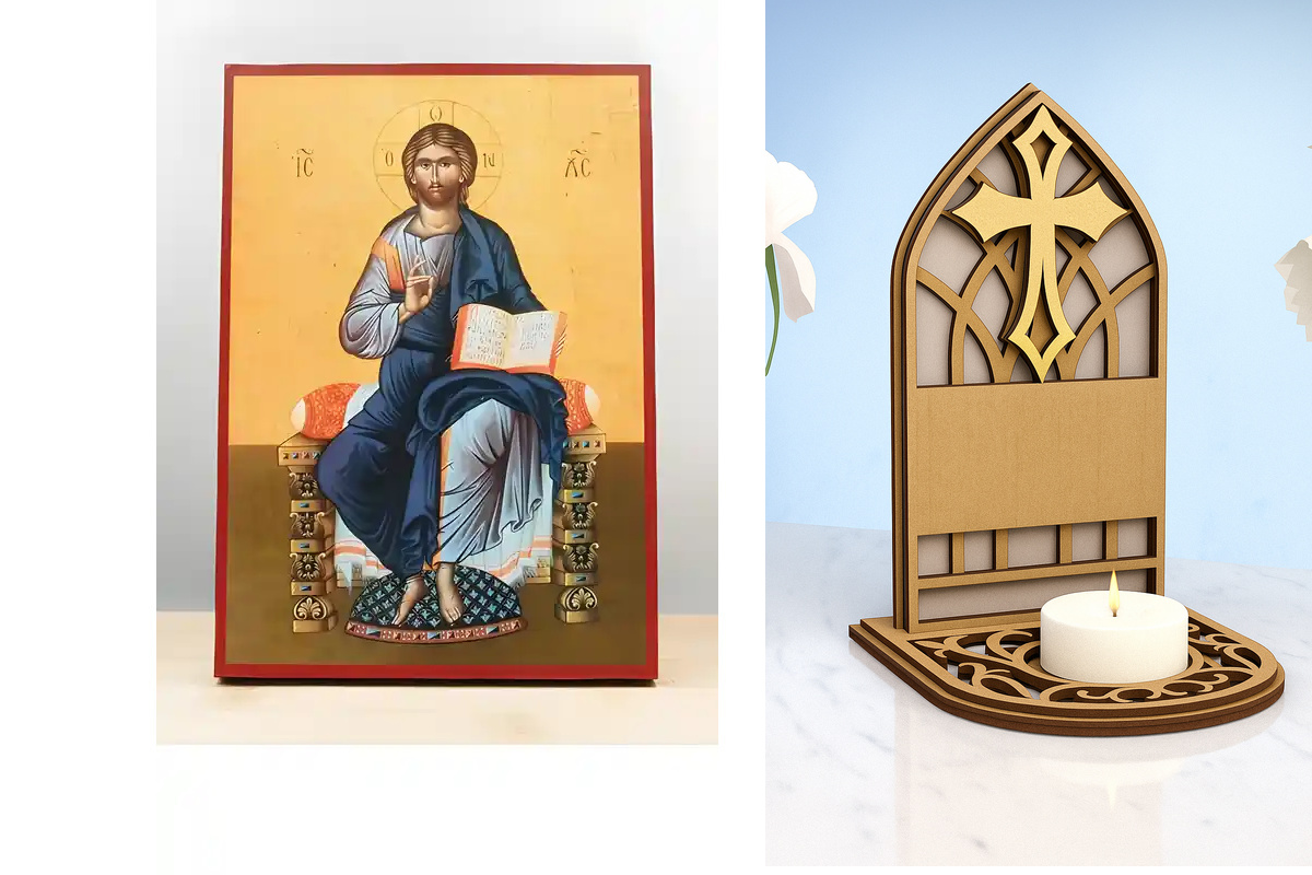 Εικόνα Ορθοδοξίας Καντηλάκι σε  8 χρώματα με περίγραμμα χρυσό σε ξύλο Plywood (Πλακάζ)   με  βάση Ο Ιησούς Χριστός Ευλογεί Ένθρονος, Ξύλινη Χειροποίητη Εικόνα Ελληνικού Premium Βυζαντινού Στυλ τοίχου Κρεμασμένη σε ξύλινη πλάκα Θρησκευτικό θέμα Χειροποίητη