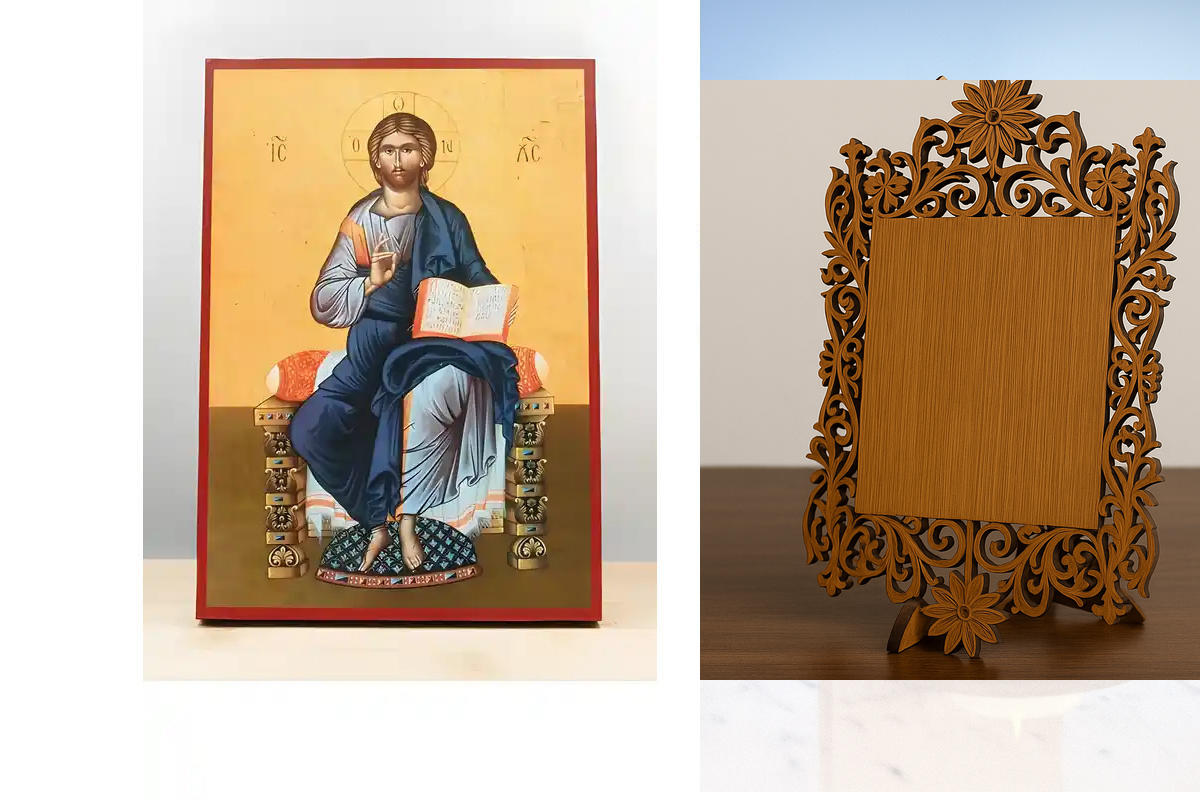 Εικόνα Ορθοδοξίας Δαντέλα μαζι με  Βάση σε  8 χρώματα με περίγραμμα χρυσό σε ξύλο Plywood (Πλακάζ)   με  βάση Ο Ιησούς Χριστός Ευλογεί Ένθρονος, Ξύλινη Χειροποίητη Εικόνα Ελληνικού Premium Βυζαντινού Στυλ τοίχου Κρεμασμένη σε ξύλινη πλάκα Θρησκευτικό θέμα