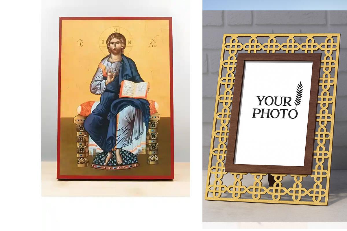 Εικόνα Ορθοδοξίας Πολυτελείας  με  σχεδιο Σταυρούς μαζι με  Βάση σε  8 χρώματα με περίγραμμα χρυσό σε ξύλο Plywood (Πλακάζ)   με  βάση Ο Ιησούς Χριστός Ευλογεί Ένθρονος, Ξύλινη Χειροποίητη Εικόνα Ελληνικού Premium Βυζαντινού Στυλ τοίχου Κρεμασμένη σε ξύλι