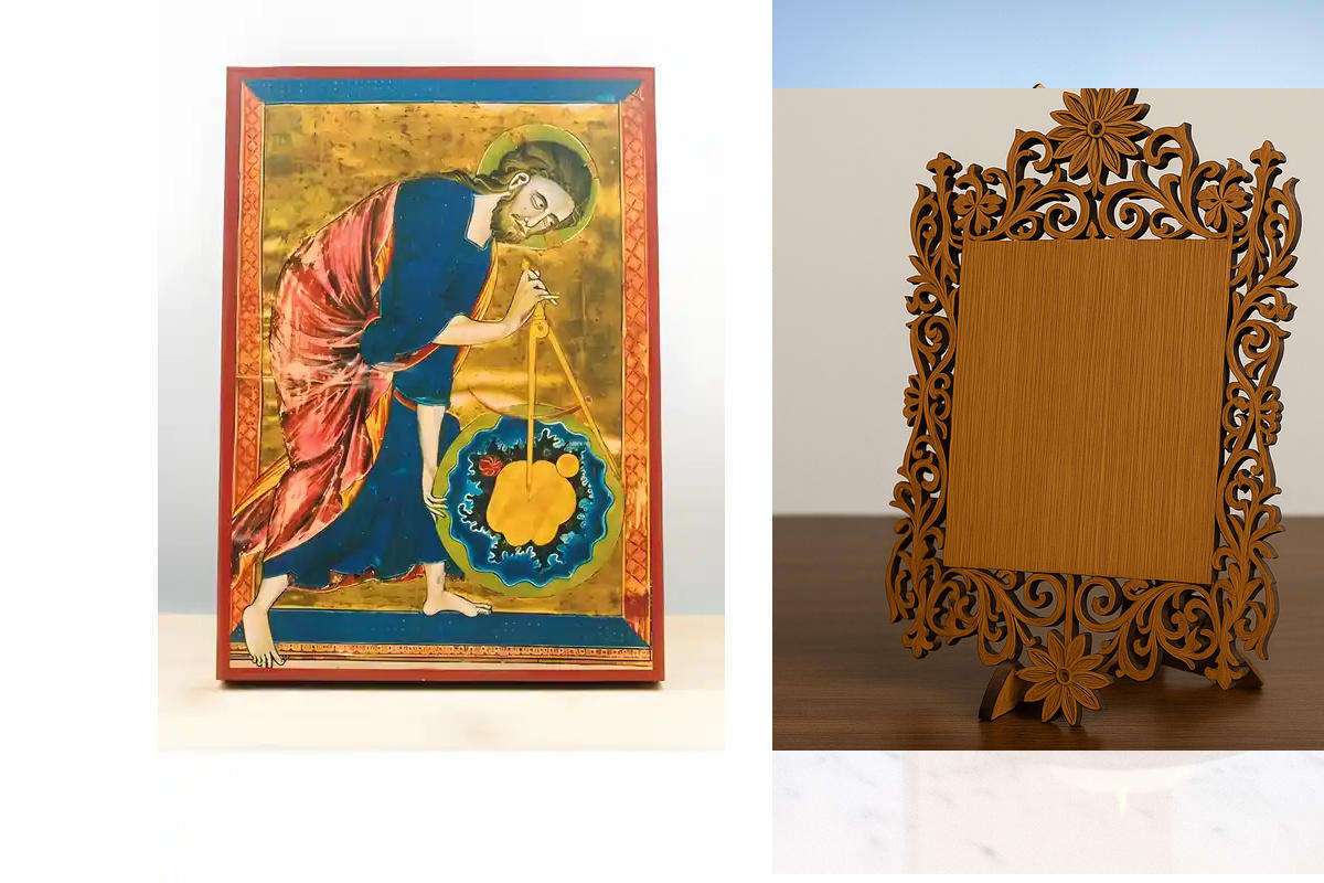 Εικόνα Ορθοδοξίας Δαντέλα μαζι με  Βάση σε  8 χρώματα με περίγραμμα χρυσό σε ξύλο Plywood (Πλακάζ)   με  βάση Ο Ιησούς Χριστός ο Μέγας Αρχιτέκτονας του Σύμπαντος, Ξύλινη Χειροποίητη Εικόνα Ελληνικού Premium Βυζαντινού Στυλ τοίχου Κρεμασμένη σε ξύλινη πλάκ