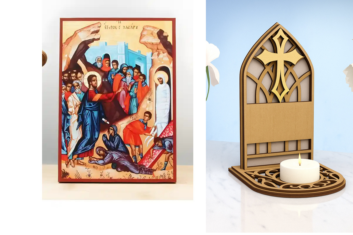 Εικόνα Ορθοδοξίας Καντηλάκι σε  8 χρώματα με περίγραμμα χρυσό σε ξύλο Plywood (Πλακάζ)   με  βάση Ο Ιησούς Χριστός Ανάσταση του Λαζάρου, Ξύλινη Χειροποίητη Εικόνα Ελληνικής Premium Βυζαντινού Στυλ τοίχου Κρεμασμένη σε ξύλινη πλάκα Ορθόδοξο θρησκευτικό θέμ